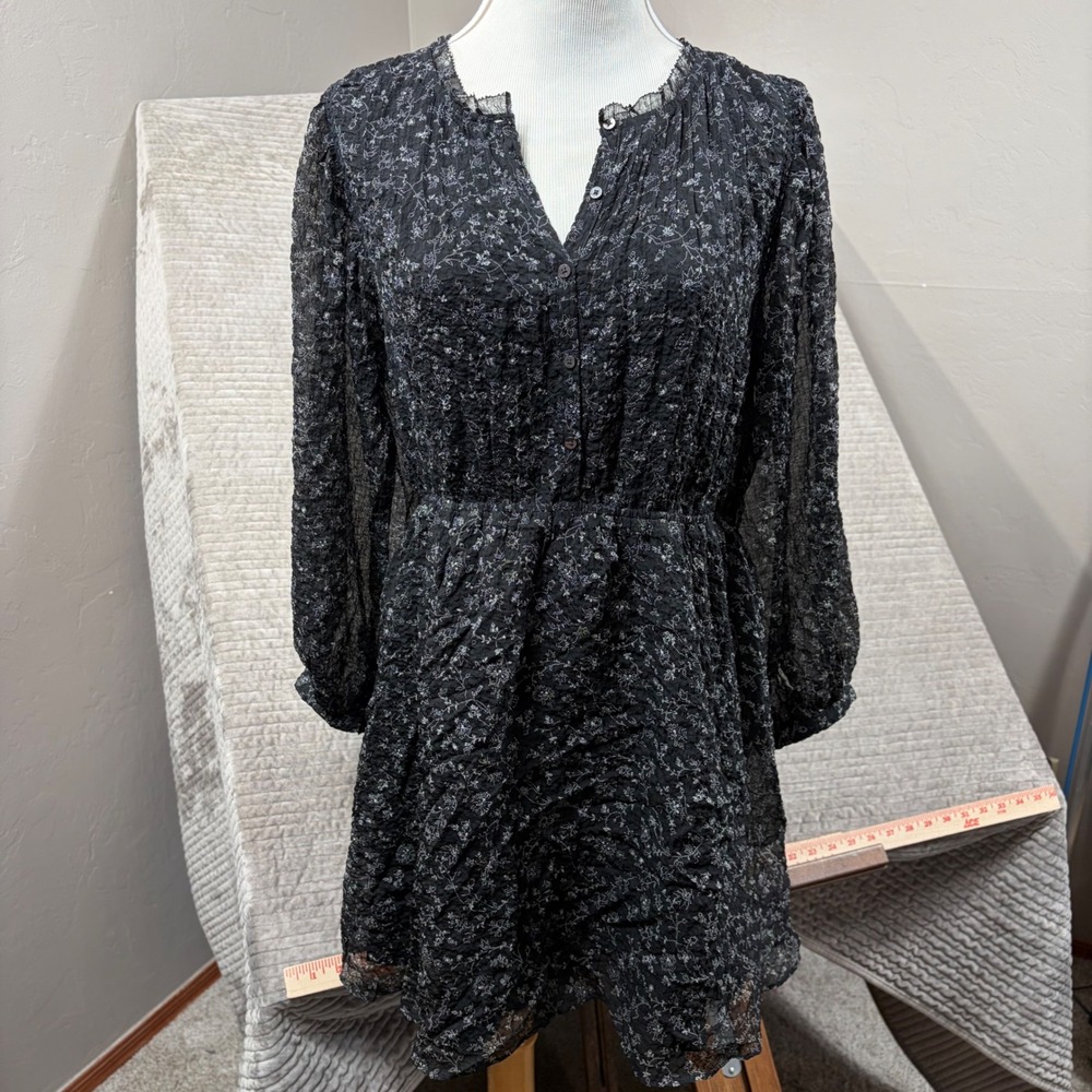 Madewell‎ Black Floral Crinkle Mini Dress Long Sleeve Button Front Size M